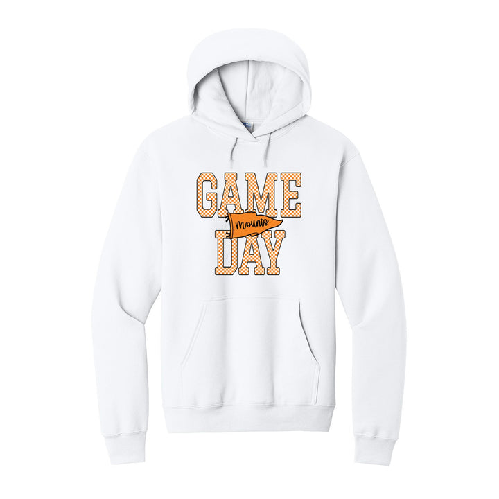 Antietam Mountaineers Game Day hoodie in White: checkered GAME DAY lettering with a Mounts pennant across the middle