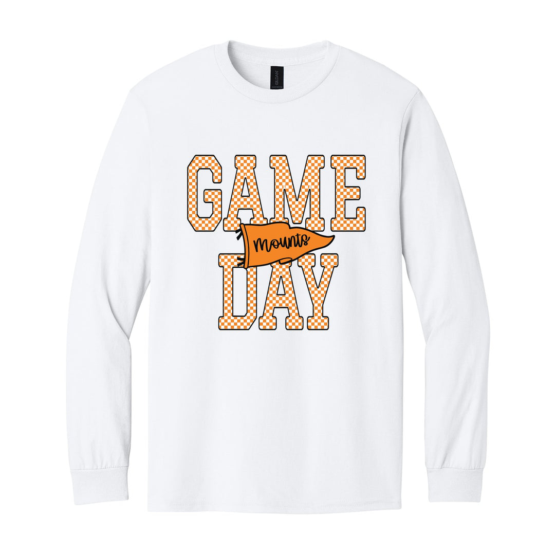 Antietam Mountaineers Game Day long sleeve t-shirt in White: checkered GAME DAY lettering with a Mounts pennant across the middle