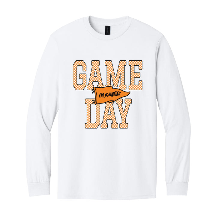 Antietam Mountaineers Game Day long sleeve t-shirt in White: checkered GAME DAY lettering with a Mounts pennant across the middle