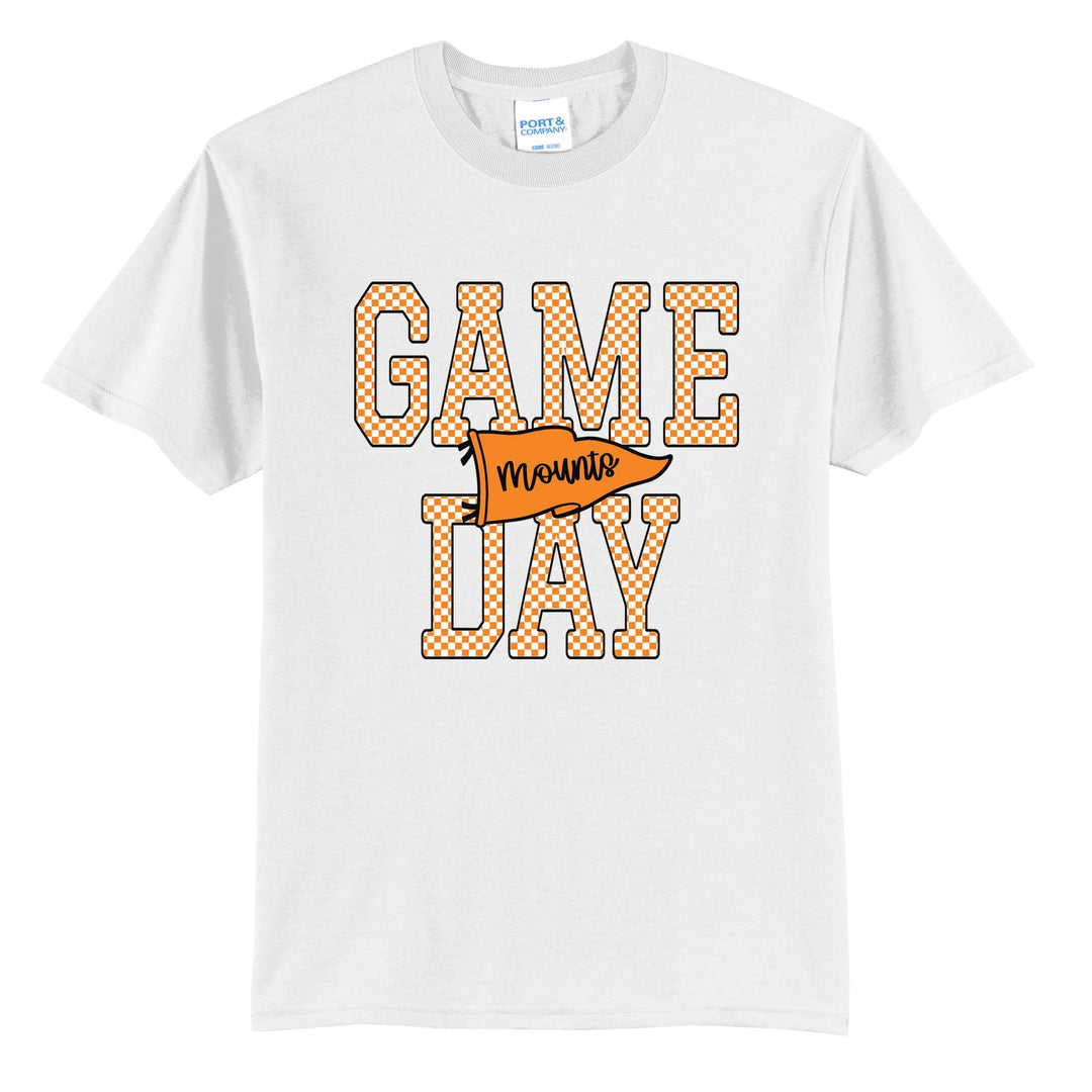 Antietam Mountaineers Game Day t-shirt in White: checkered GAME DAY lettering with a Mounts pennant across the middle