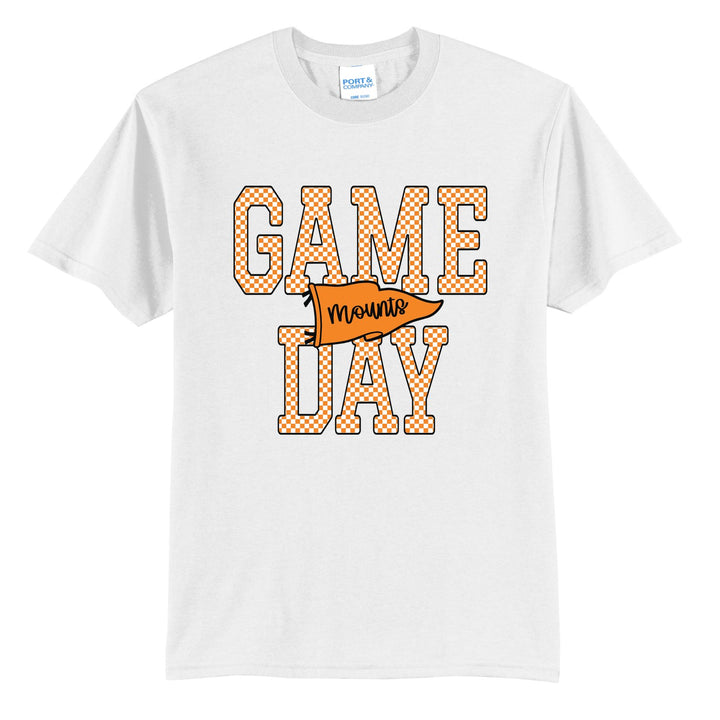 Antietam Mountaineers Game Day t-shirt in White: checkered GAME DAY lettering with a Mounts pennant across the middle