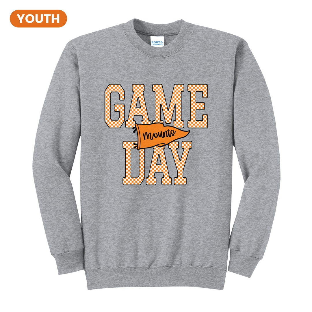 Antietam Mountaineers Game Day youth crewneck sweatshirt in Athletic Heather: checkered GAME DAY lettering with a Mounts pennant across the middle