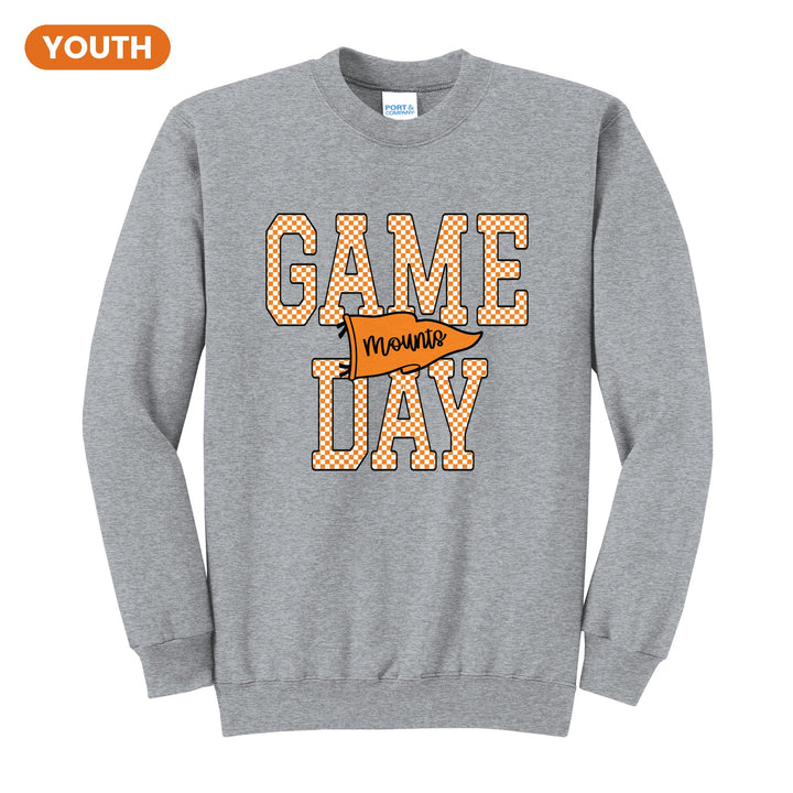 Antietam Mountaineers Game Day youth crewneck sweatshirt in Athletic Heather: checkered GAME DAY lettering with a Mounts pennant across the middle