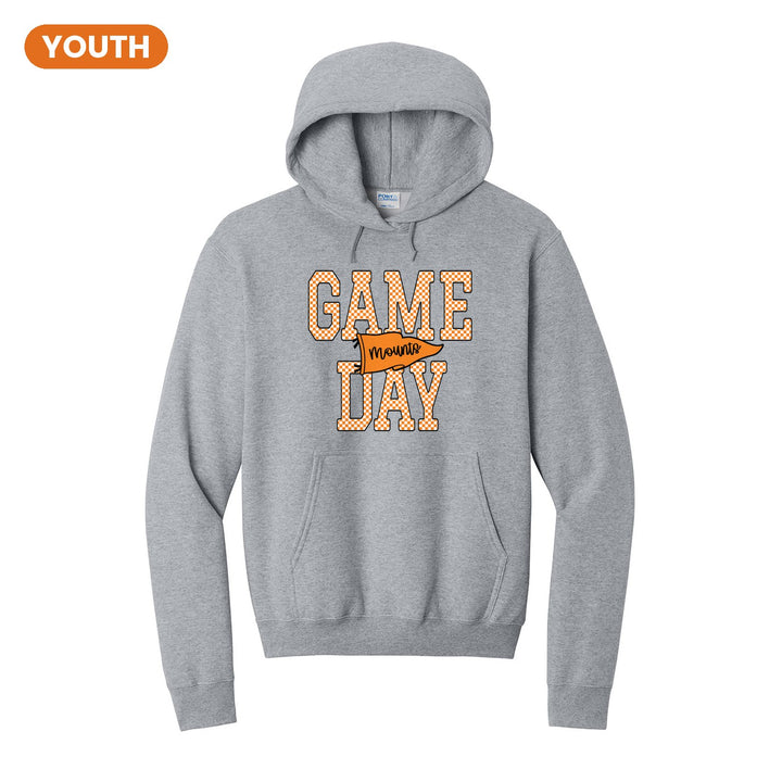 Antietam Mountaineers Game Day youth hoodie in Athletic Heather: checkered GAME DAY lettering with a Mounts pennant across the middle