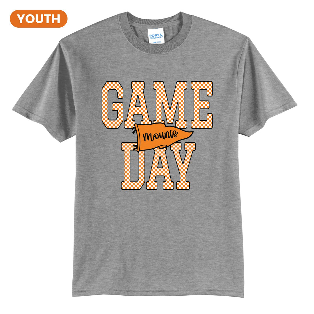 Antietam Mountaineers Game Day youth t-shirt in Athletic Heather: checkered GAME DAY lettering with a Mounts pennant across the middle