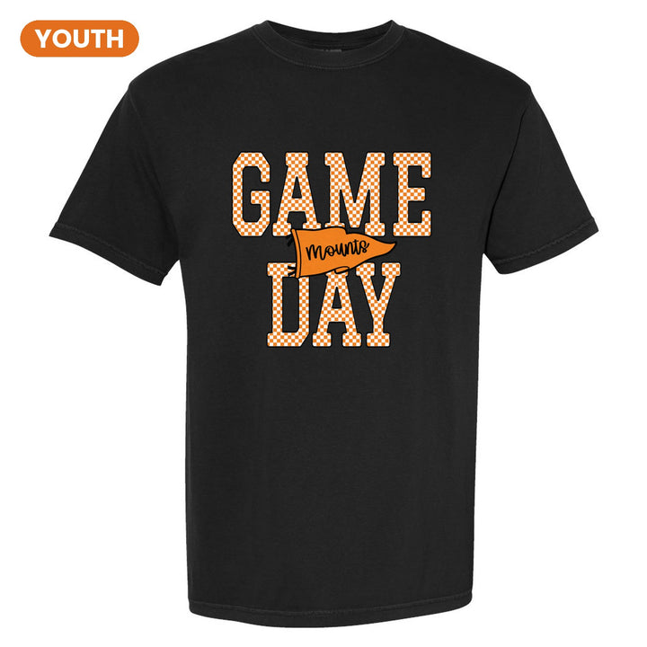 Antietam Mountaineers Game Day youth comfort colors t-shirt in Black: checkered GAME DAY lettering with a Mounts pennant across the middle