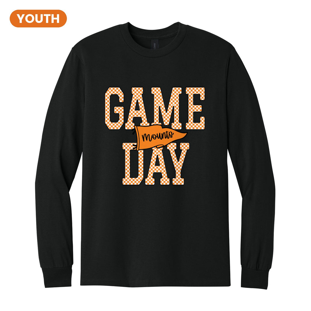 Antietam Mountaineers Game Day youth long sleeve t-shirt in Black: checkered GAME DAY lettering with a Mounts pennant across the middle