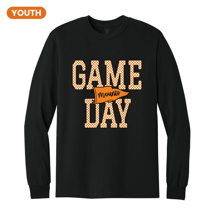 Antietam Mountaineers Game Day youth long sleeve t-shirt in Black: checkered GAME DAY lettering with a Mounts pennant across the middle