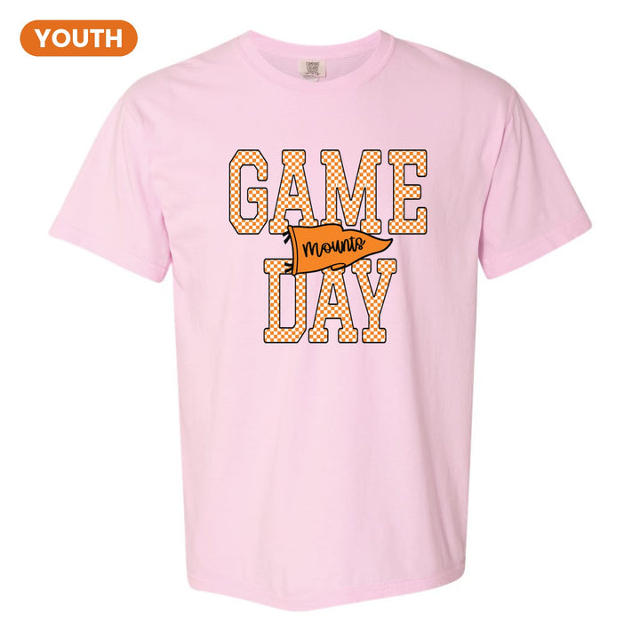 Antietam Mountaineers Game Day youth comfort colors t-shirt in Blossom: checkered GAME DAY lettering with a Mounts pennant across the middle