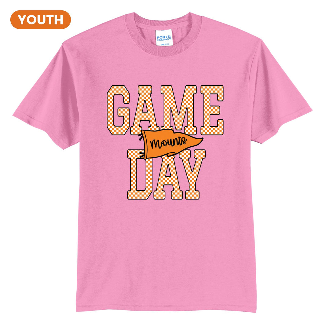 Antietam Mountaineers Game Day youth t-shirt in Candy Pink: checkered GAME DAY lettering with a Mounts pennant across the middle