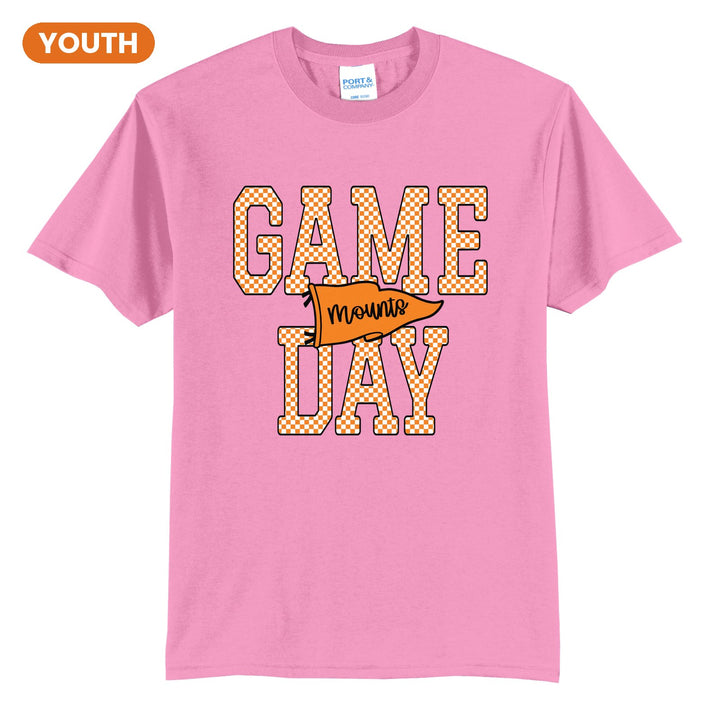 Antietam Mountaineers Game Day youth t-shirt in Candy Pink: checkered GAME DAY lettering with a Mounts pennant across the middle