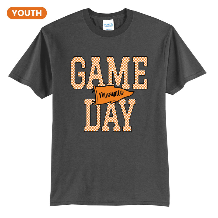 Antietam Mountaineers Game Day youth t-shirt in Charcoal: checkered GAME DAY lettering with a Mounts pennant across the middle