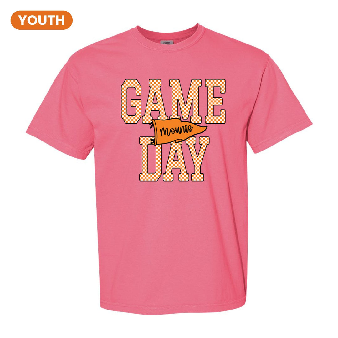 Antietam Mountaineers Game Day youth comfort colors t-shirt in Crunchberry: checkered GAME DAY lettering with a Mounts pennant across the middle