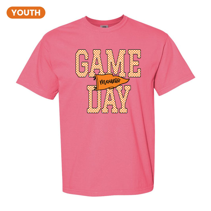 Antietam Mountaineers Game Day youth comfort colors t-shirt in Crunchberry: checkered GAME DAY lettering with a Mounts pennant across the middle