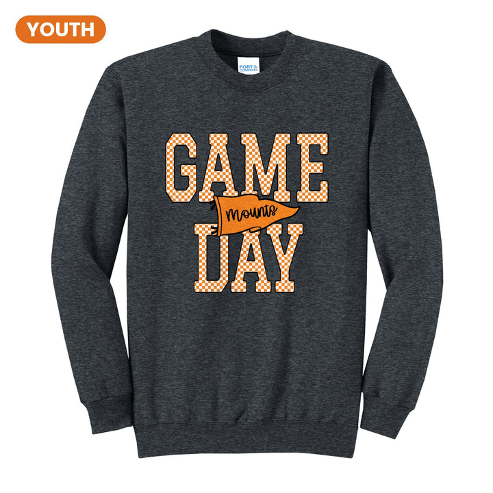 Antietam Mountaineers Game Day youth crewneck sweatshirt in Dark Heather Grey: checkered GAME DAY lettering with a Mounts pennant across the middle