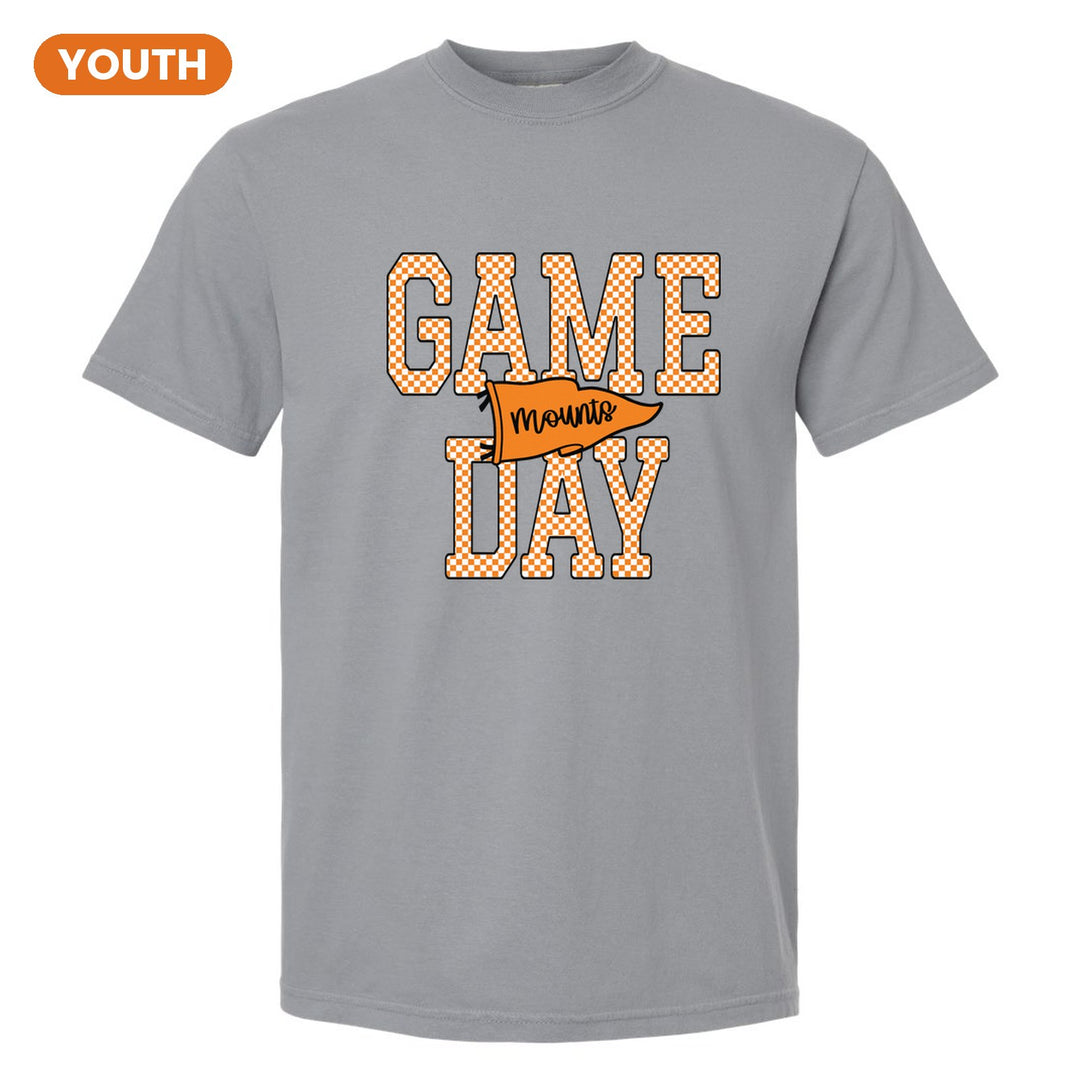 Antietam Mountaineers Game Day youth comfort colors t-shirt in Granite: checkered GAME DAY lettering with a Mounts pennant across the middle