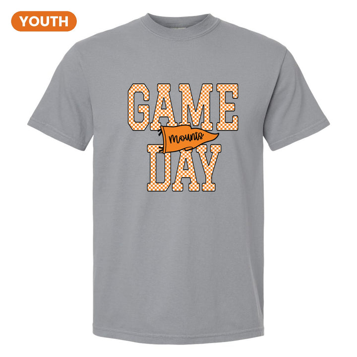 Antietam Mountaineers Game Day youth comfort colors t-shirt in Granite: checkered GAME DAY lettering with a Mounts pennant across the middle