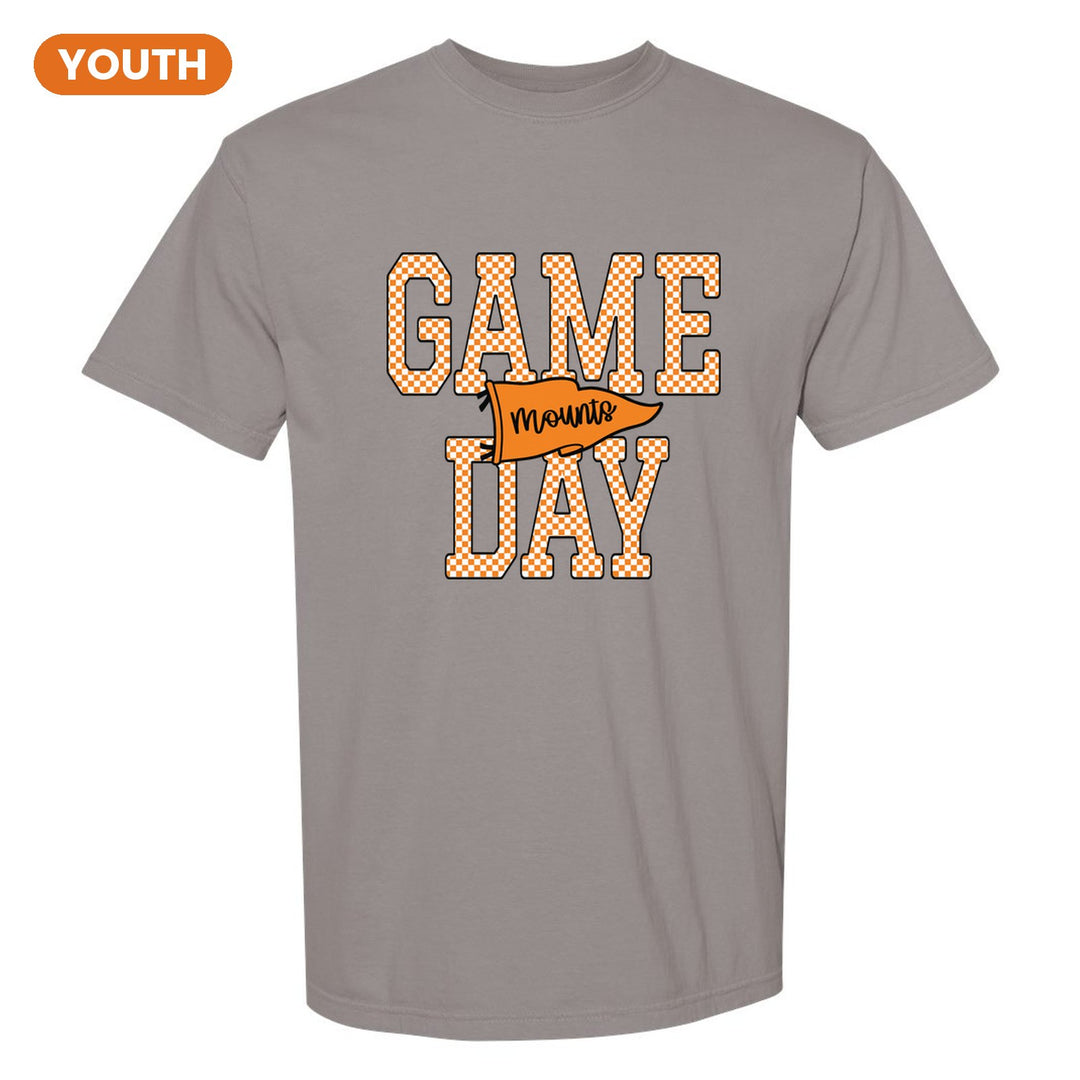 Antietam Mountaineers Game Day youth comfort colors t-shirt in Grey: checkered GAME DAY lettering with a Mounts pennant across the middle