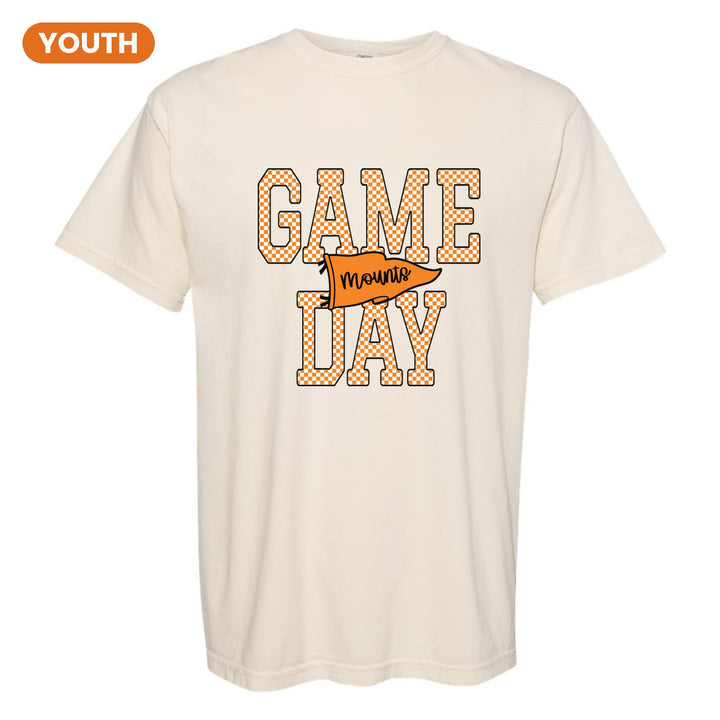 Antietam Mountaineers Game Day youth comfort colors t-shirt in Ivory: checkered GAME DAY lettering with a Mounts pennant across the middle