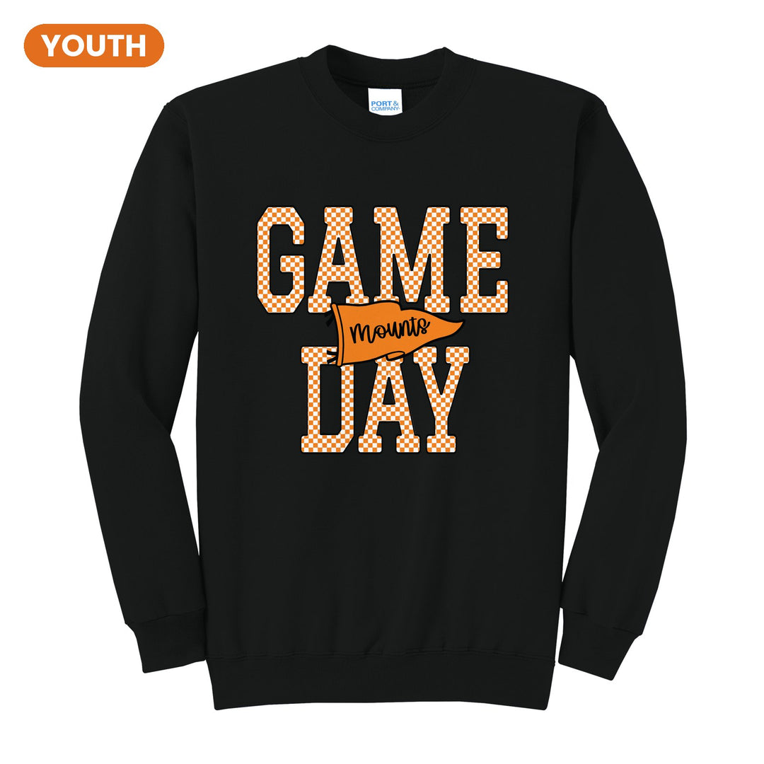 Antietam Mountaineers Game Day youth crewneck sweatshirt in Jet Black: checkered GAME DAY lettering with a Mounts pennant across the middle