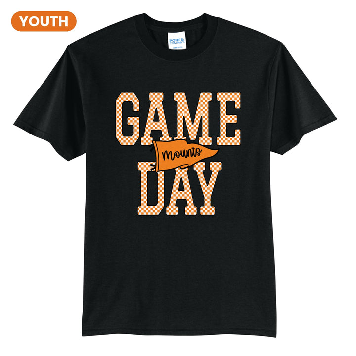 Antietam Mountaineers Game Day youth t-shirt in Jet Black: checkered GAME DAY lettering with a Mounts pennant across the middle