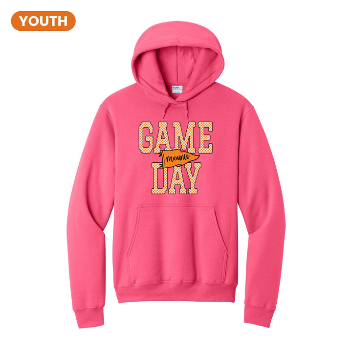Antietam Mountaineers Game Day youth hoodie in Neon Pink: checkered GAME DAY lettering with a Mounts pennant across the middle