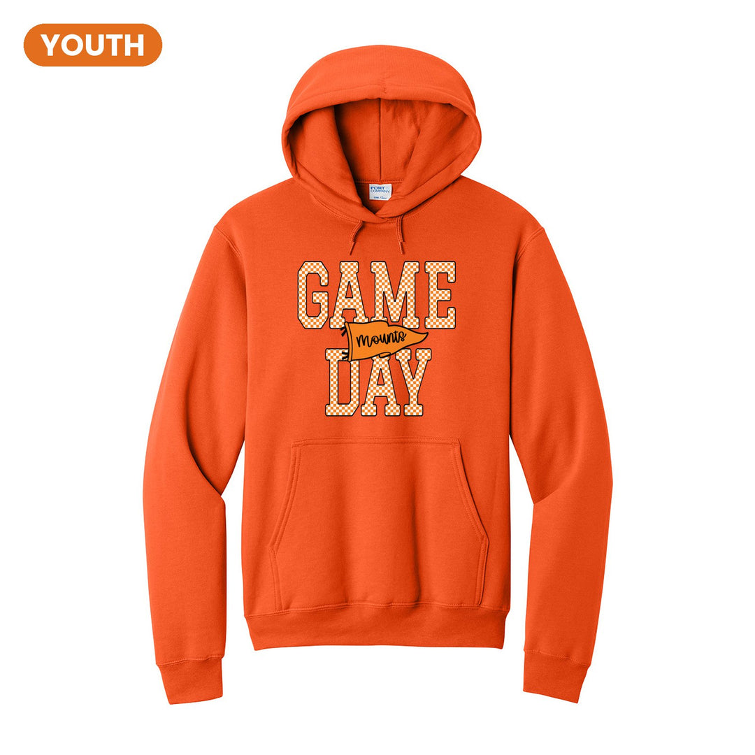 Antietam Mountaineers Game Day youth hoodie in Orange: checkered GAME DAY lettering with a Mounts pennant across the middle