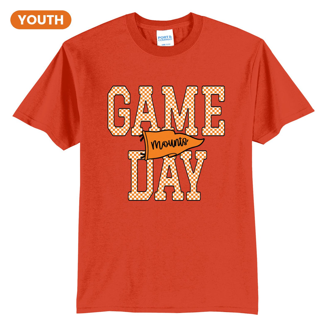 Antietam Mountaineers Game Day youth t-shirt in Orange: checkered GAME DAY lettering with a Mounts pennant across the middle