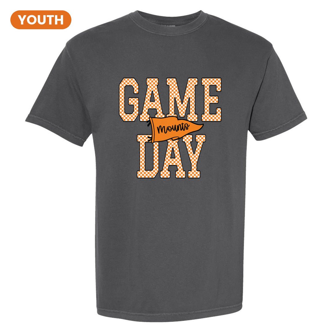 Antietam Mountaineers Game Day youth comfort colors t-shirt in Pepper: checkered GAME DAY lettering with a Mounts pennant across the middle