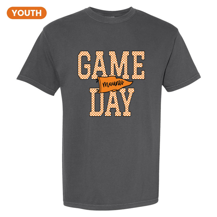 Antietam Mountaineers Game Day youth comfort colors t-shirt in Pepper: checkered GAME DAY lettering with a Mounts pennant across the middle