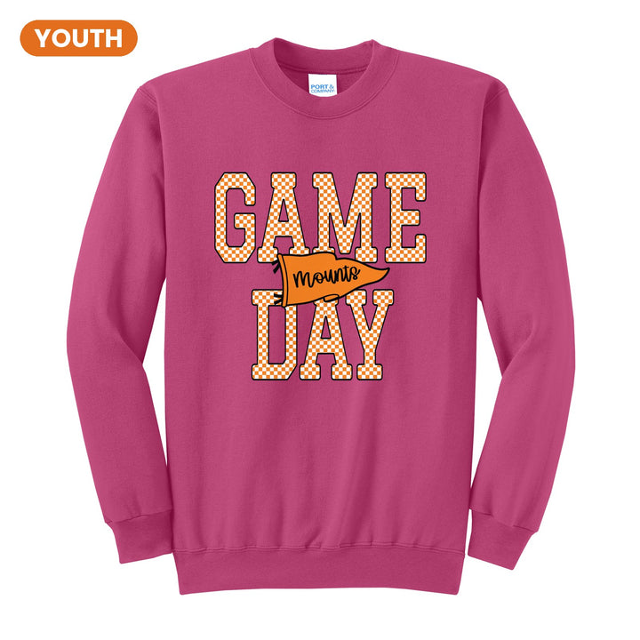 Antietam Mountaineers Game Day youth crewneck sweatshirt in Sangria: checkered GAME DAY lettering with a Mounts pennant across the middle
