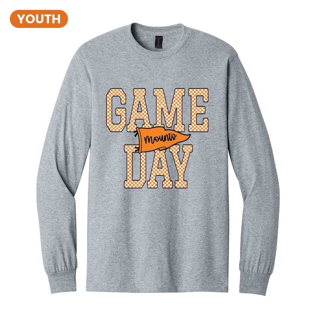Antietam Mountaineers Game Day youth long sleeve t-shirt in Sport Grey: checkered GAME DAY lettering with a Mounts pennant across the middle
