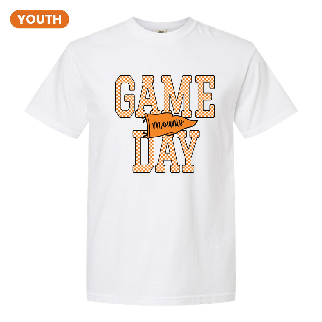 Antietam Mountaineers Game Day youth comfort colors t-shirt in White: checkered GAME DAY lettering with a Mounts pennant across the middle