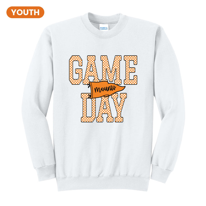 Antietam Mountaineers Game Day youth crewneck sweatshirt in White: checkered GAME DAY lettering with a Mounts pennant across the middle