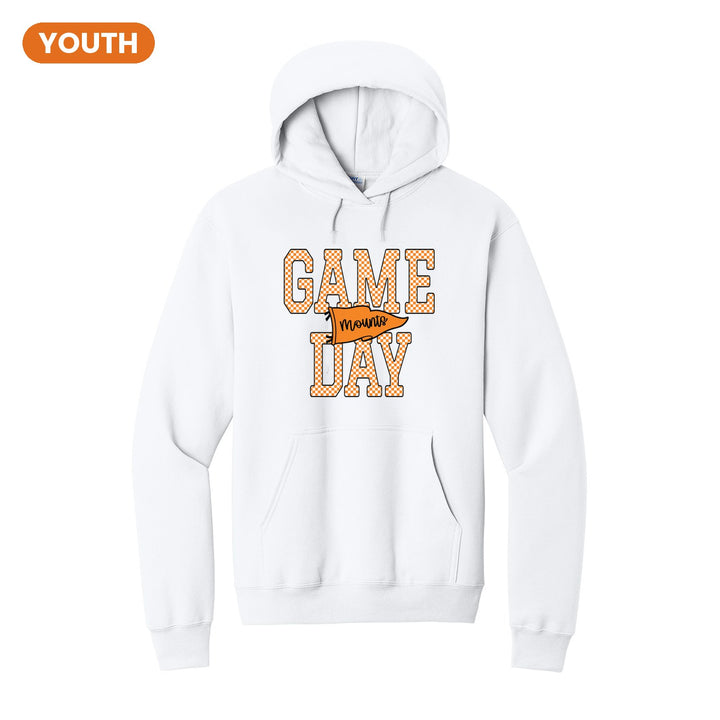 Antietam Mountaineers Game Day youth hoodie in White: checkered GAME DAY lettering with a Mounts pennant across the middle