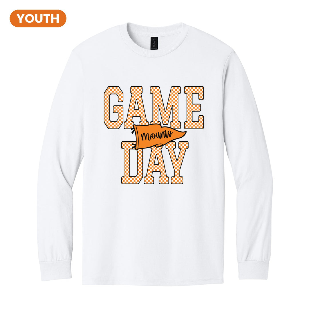Antietam Mountaineers Game Day youth long sleeve t-shirt in White: checkered GAME DAY lettering with a Mounts pennant across the middle