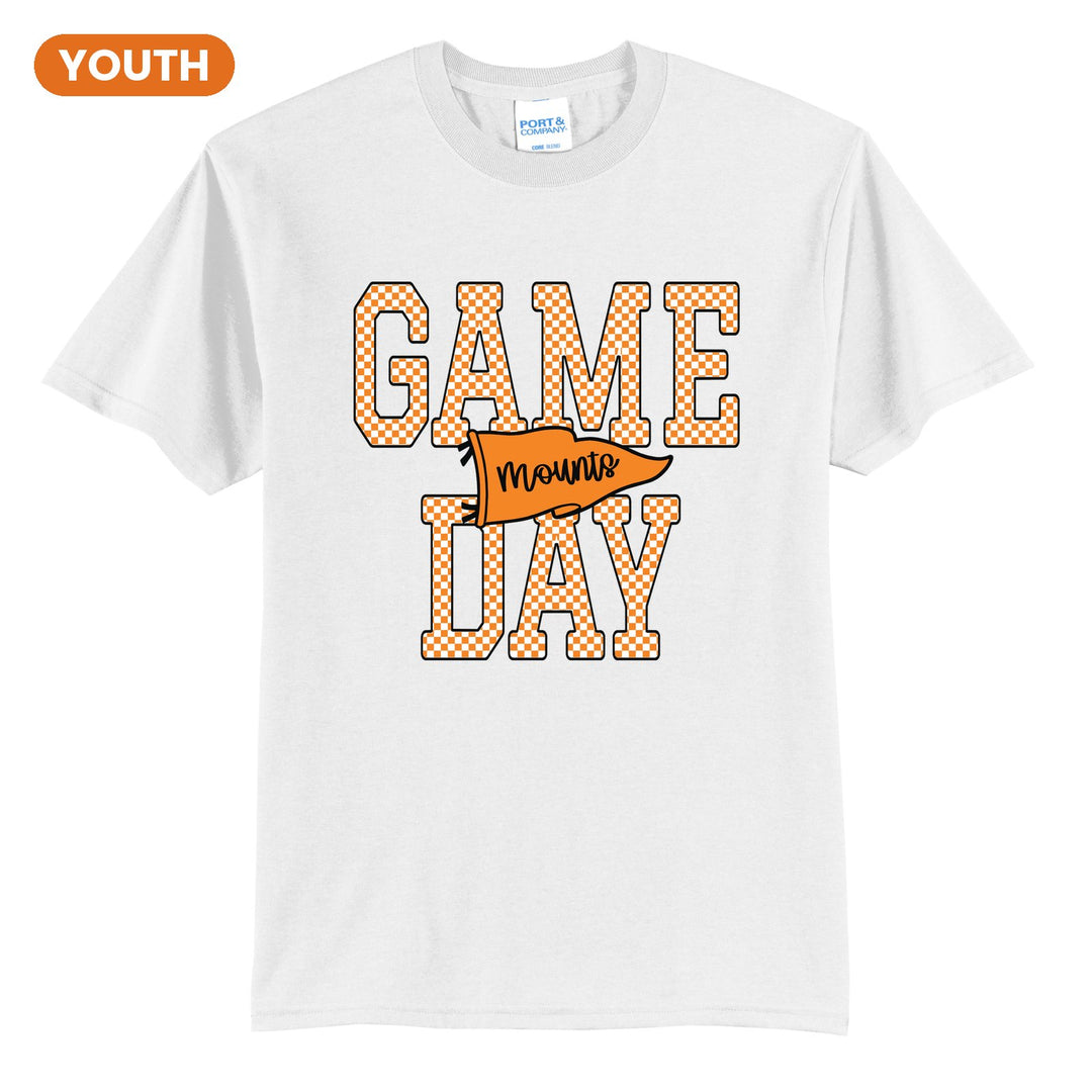 Antietam Mountaineers Game Day youth t-shirt in White: checkered GAME DAY lettering with a Mounts pennant across the middle