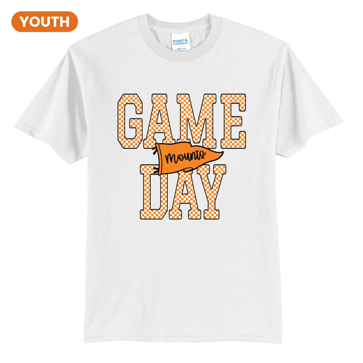 Antietam Mountaineers Game Day youth t-shirt in White: checkered GAME DAY lettering with a Mounts pennant across the middle