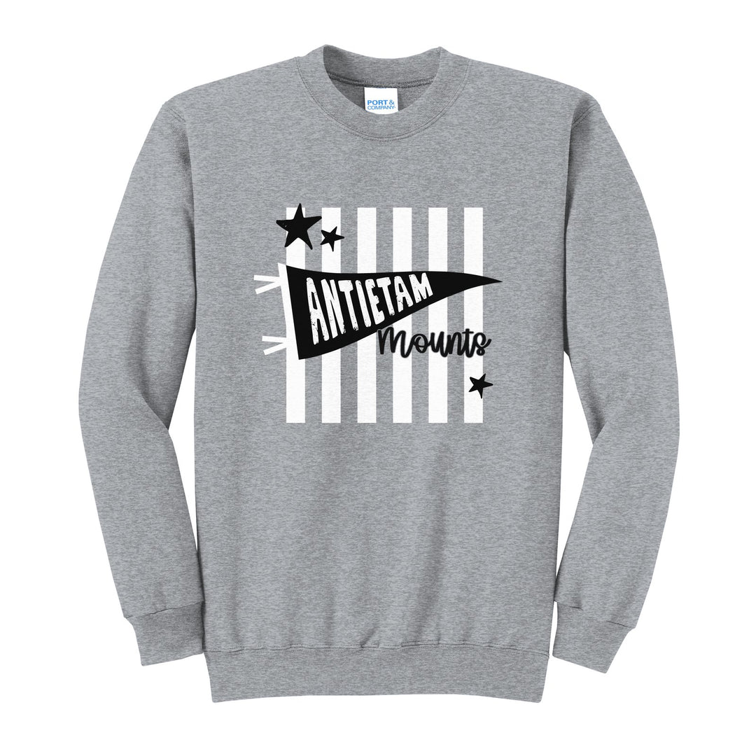 Antietam Mountaineers Pennant Stripes crewneck sweatshirt in Athletic Heather: an Antietam pennant and Mounts script over orange stripes and stars