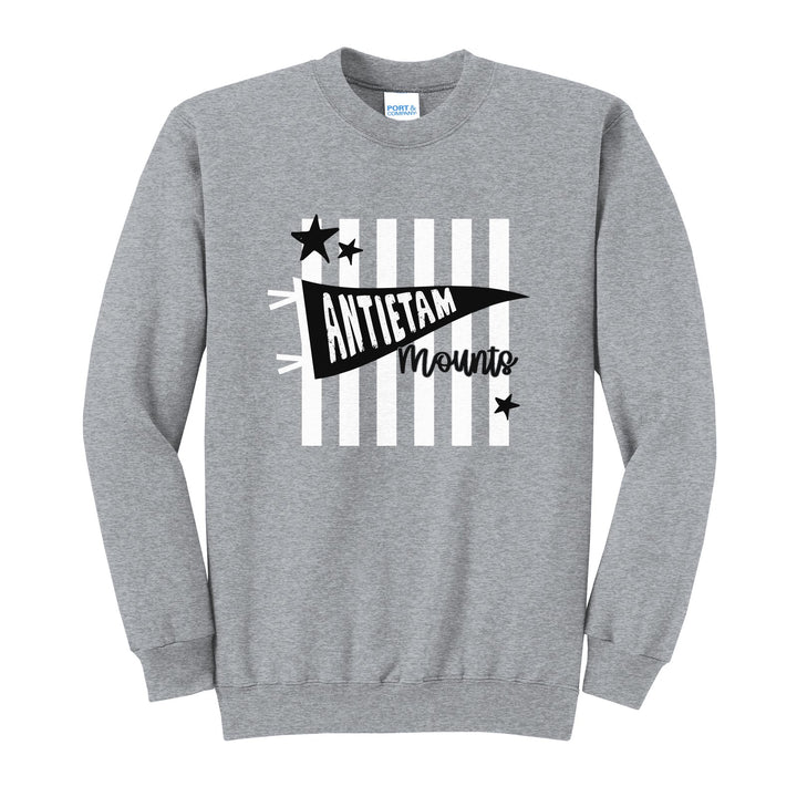 Antietam Mountaineers Pennant Stripes crewneck sweatshirt in Athletic Heather: an Antietam pennant and Mounts script over orange stripes and stars