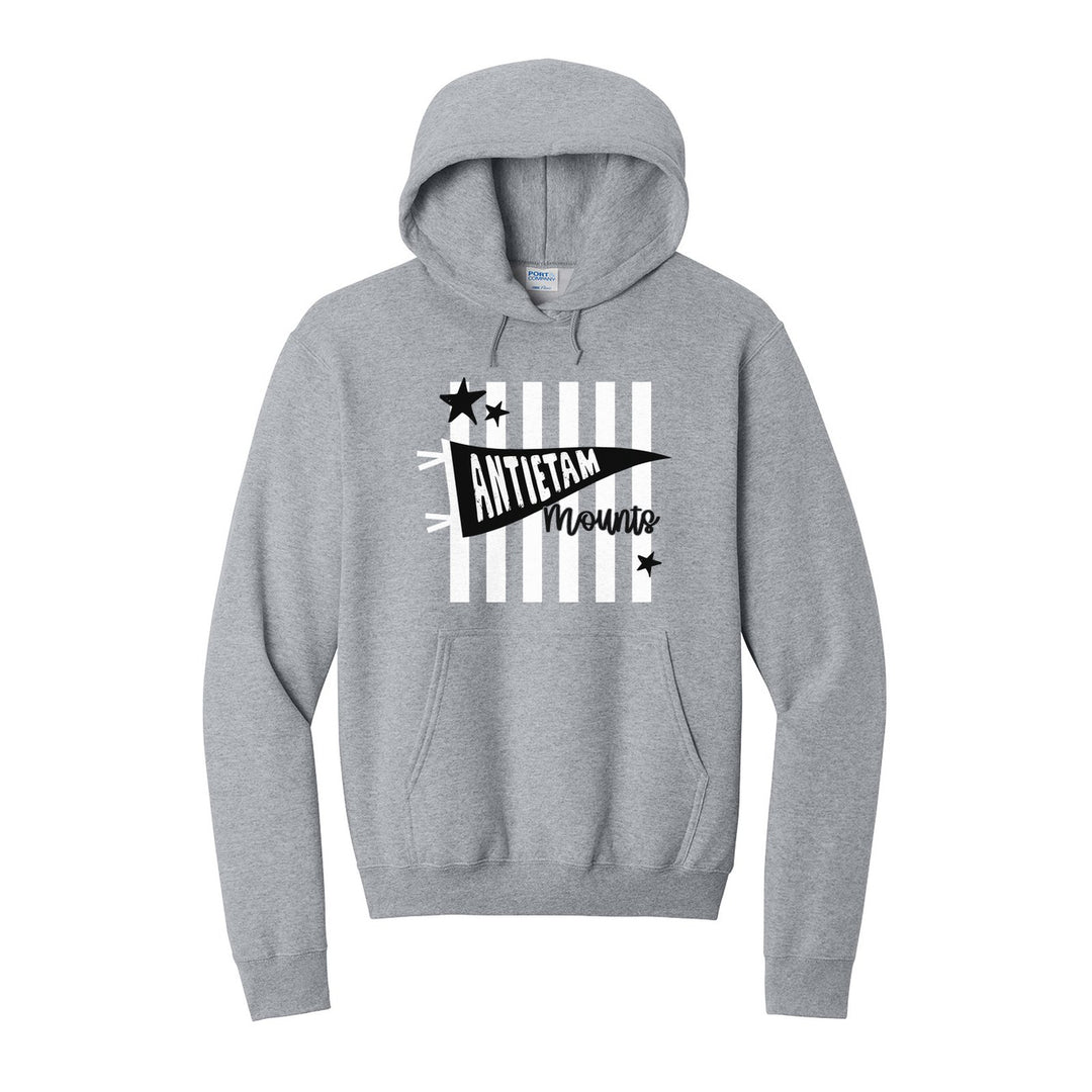 Antietam Mountaineers Pennant Stripes hoodie in Athletic Heather: an Antietam pennant and Mounts script over orange stripes and stars