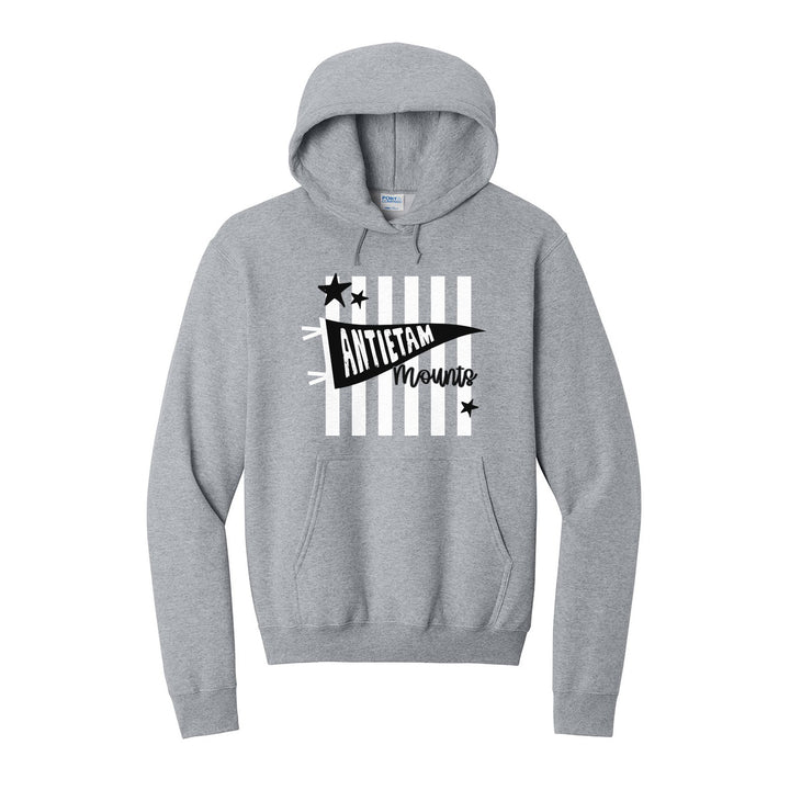 Antietam Mountaineers Pennant Stripes hoodie in Athletic Heather: an Antietam pennant and Mounts script over orange stripes and stars