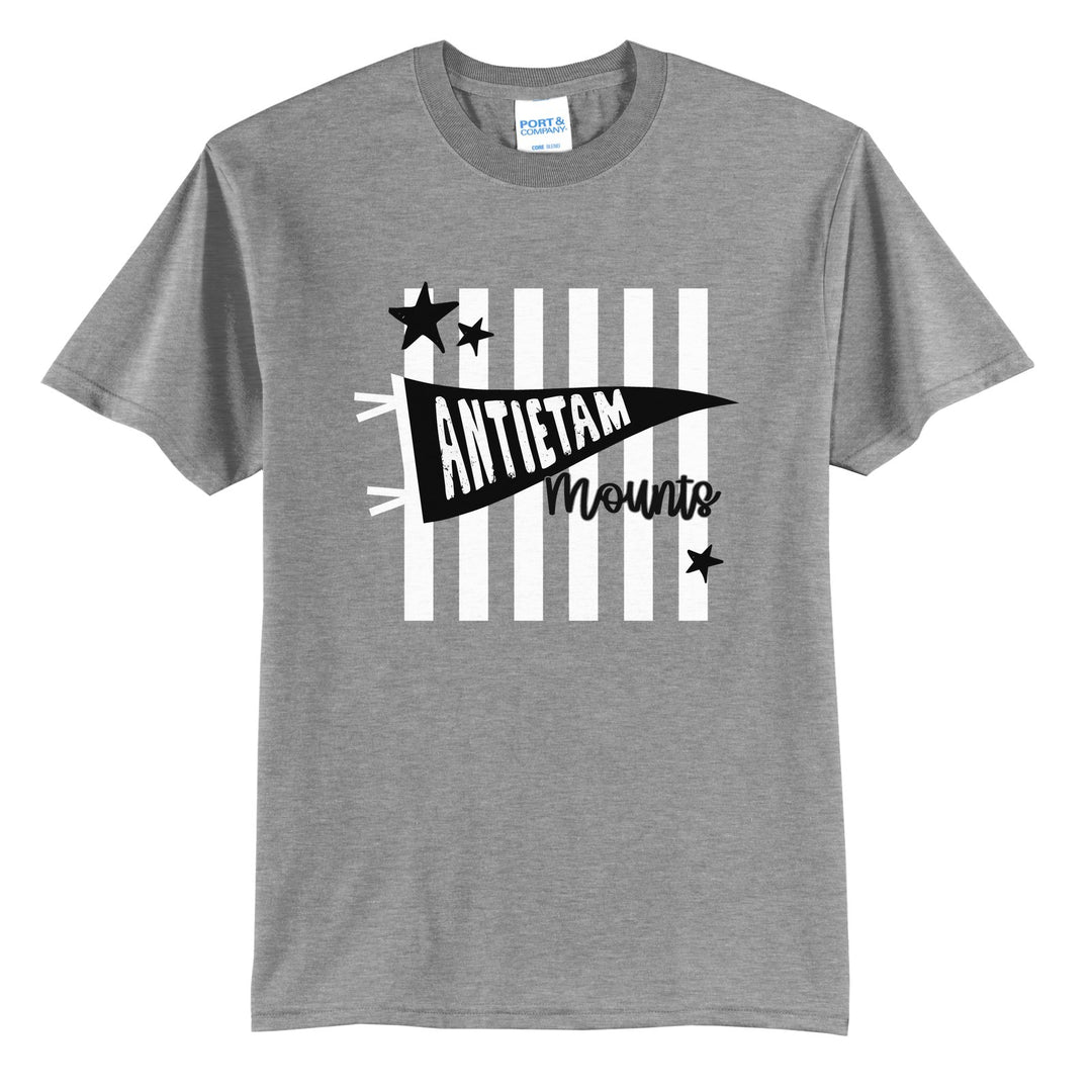 Antietam Mountaineers Pennant Stripes t-shirt in Athletic Heather: an Antietam pennant and Mounts script over orange stripes and stars