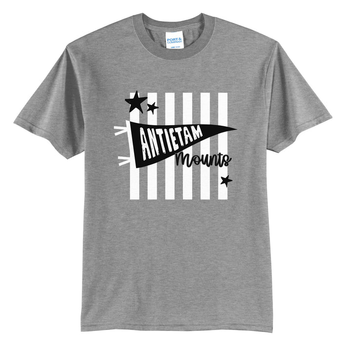 Antietam Mountaineers Pennant Stripes t-shirt in Athletic Heather: an Antietam pennant and Mounts script over orange stripes and stars