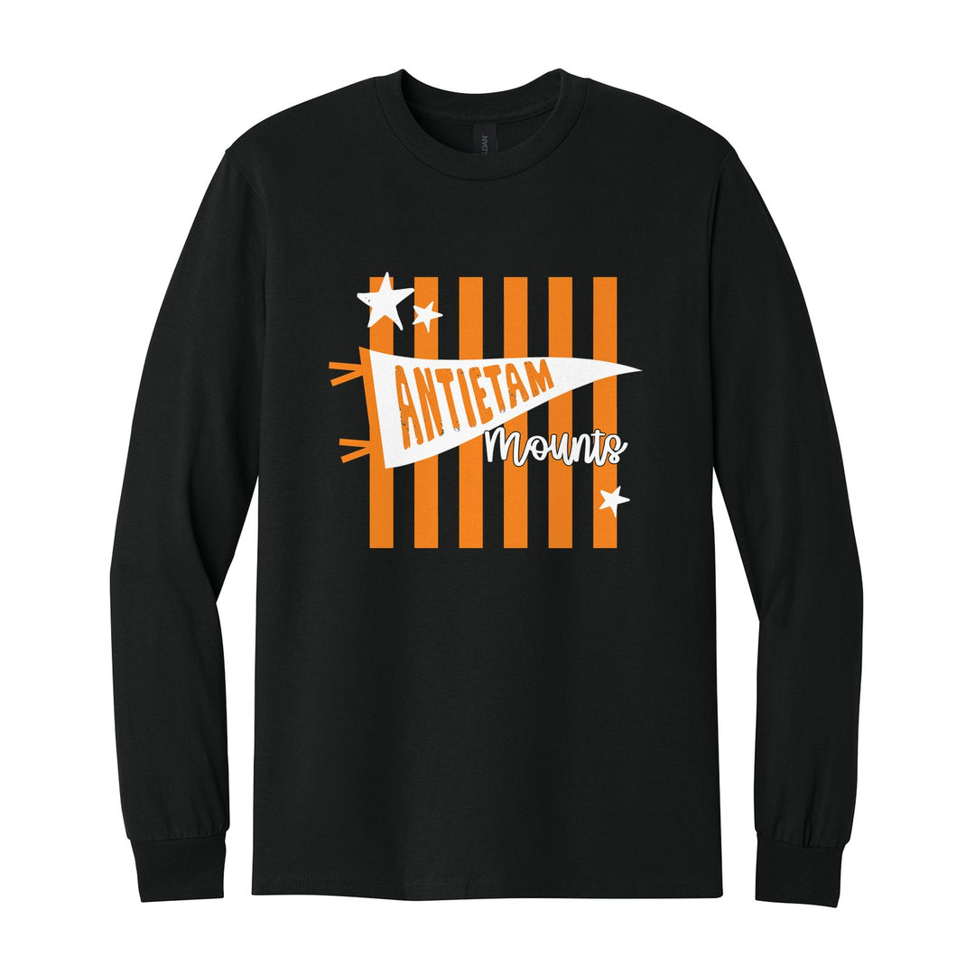 Antietam Mountaineers Pennant Stripes long sleeve t-shirt in Black: an Antietam pennant and Mounts script over orange stripes and stars