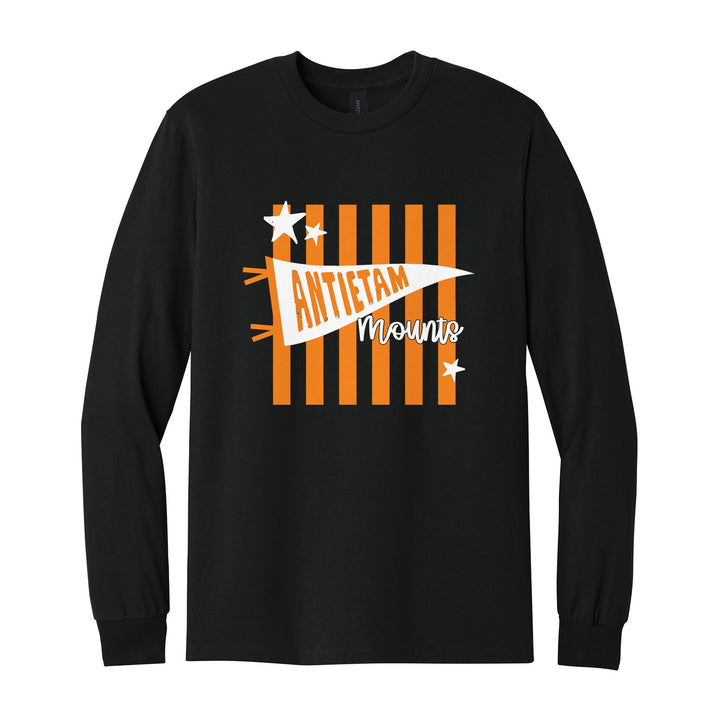 Antietam Mountaineers Pennant Stripes long sleeve t-shirt in Black: an Antietam pennant and Mounts script over orange stripes and stars