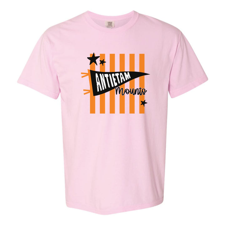 Antietam Mountaineers Pennant Stripes comfort colors t-shirt in Blossom: an Antietam pennant and Mounts script over orange stripes and stars