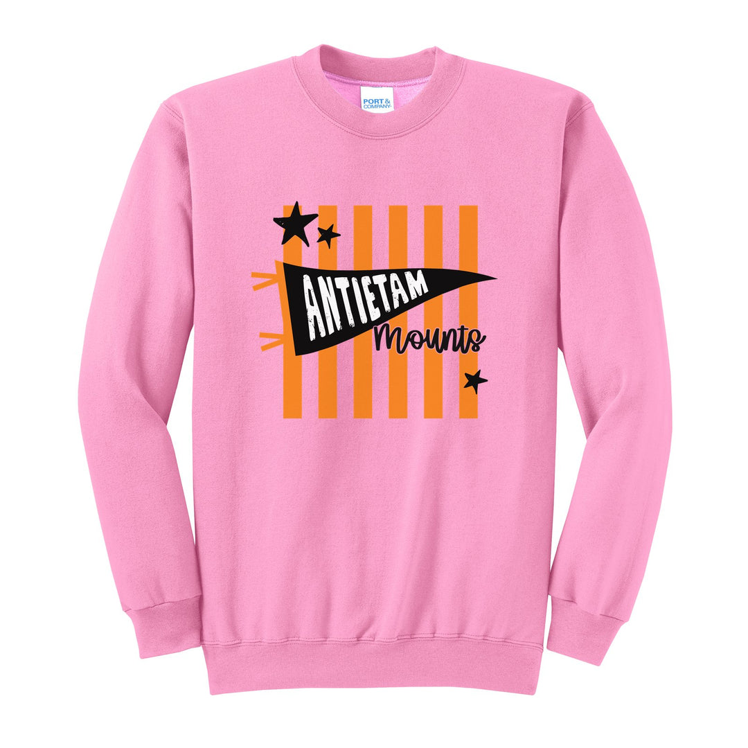 Antietam Mountaineers Pennant Stripes crewneck sweatshirt in Candy Pink: an Antietam pennant and Mounts script over orange stripes and stars