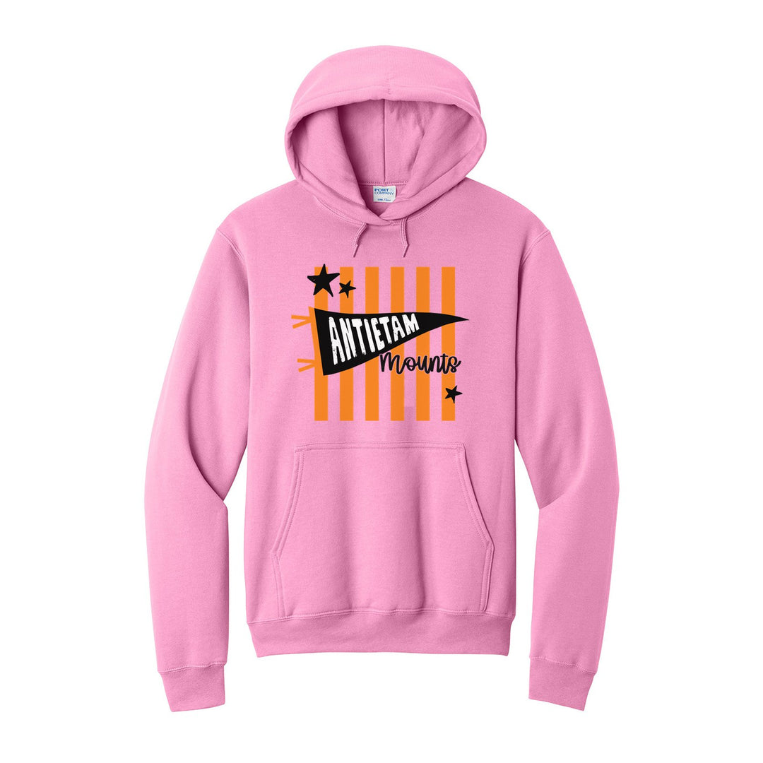Antietam Mountaineers Pennant Stripes hoodie in Candy Pink: an Antietam pennant and Mounts script over orange stripes and stars