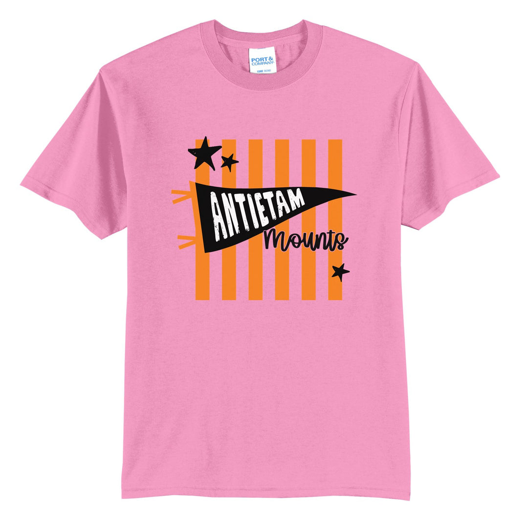 Antietam Mountaineers Pennant Stripes t-shirt in Candy Pink: an Antietam pennant and Mounts script over orange stripes and stars